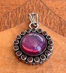 Vtg Sterling Silver Pendant Dichroic Art Glass Cabochon Garnet Halo. Fixed Price $54.95.